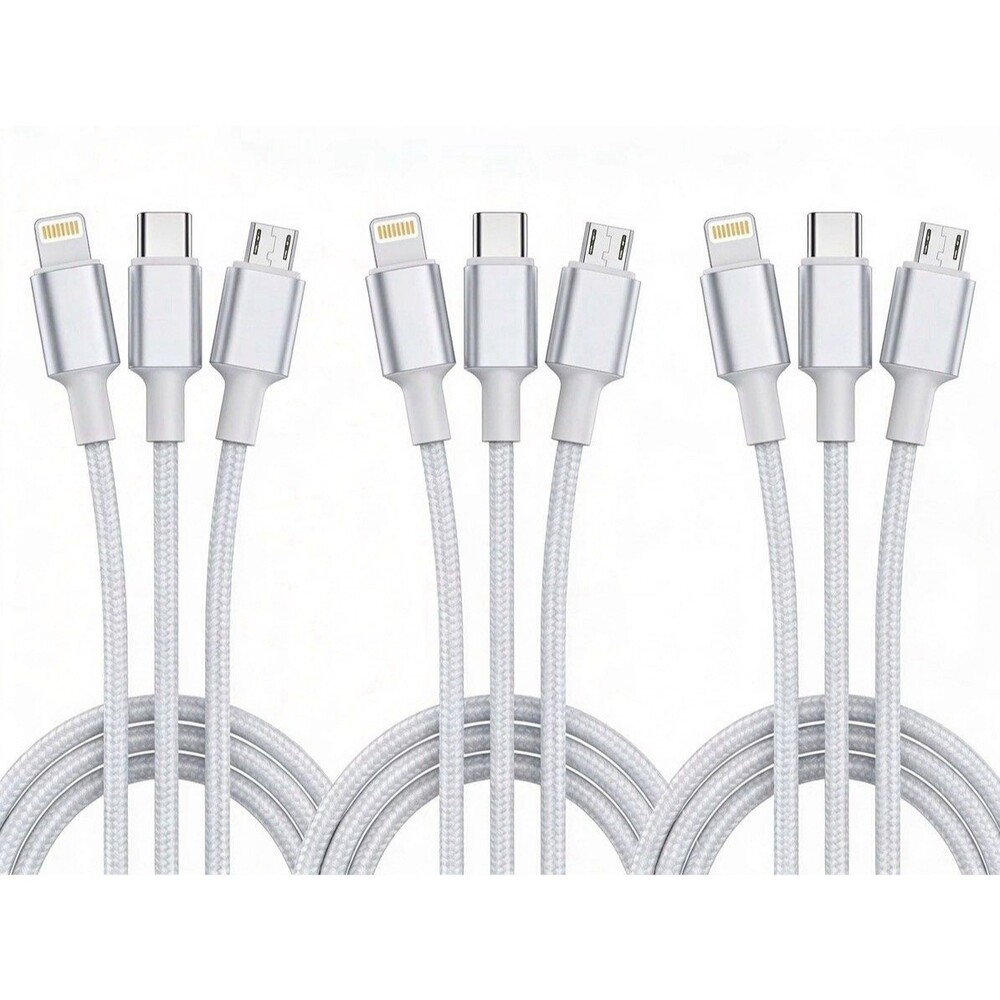 3 Pack 3-in-1 Charging Cable USB-C Micro USB Fast Charger